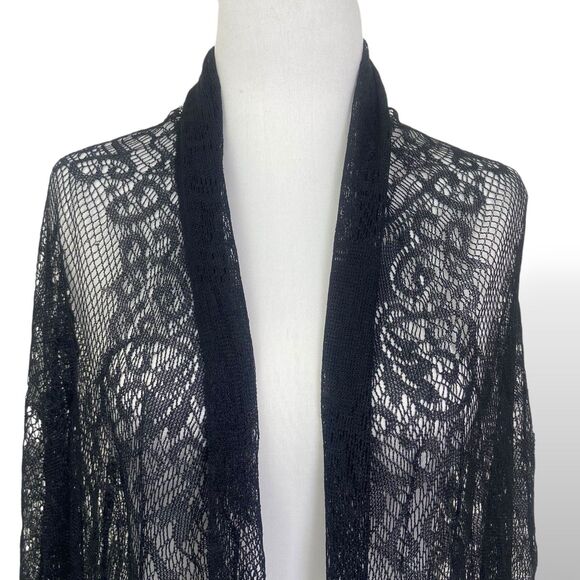 Worthington Black Sheer Shawl Wrap Triangle Fringe Head Cover Lace Mantilla Veil - Picture 4 of 8